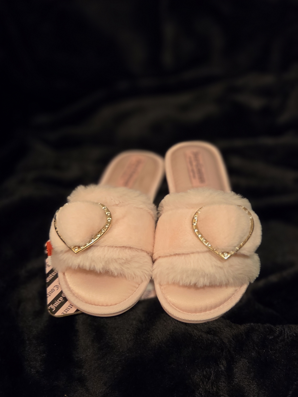 Juicy Couture Blush Pink Faux Fur Heart Slide Slippers with Gold Accent